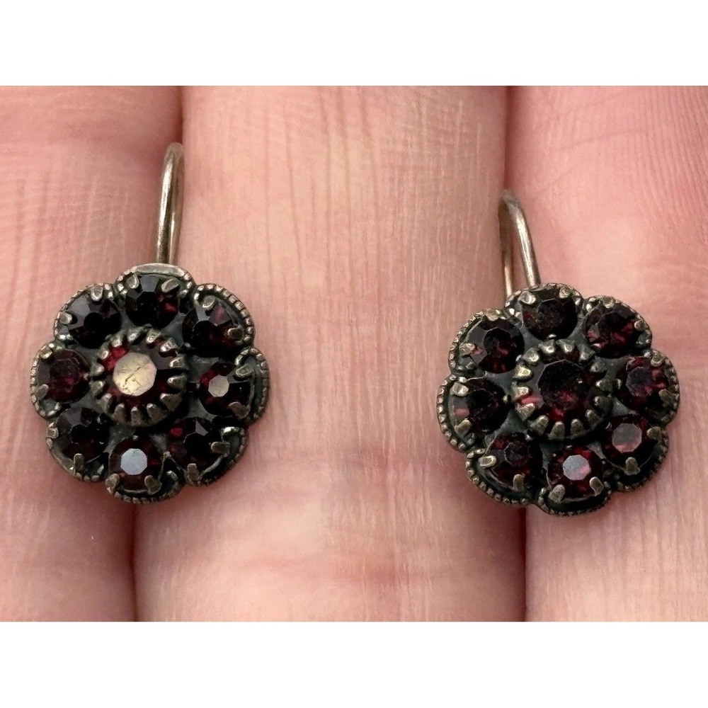 Vintage Faux Garnet  Crystal Flower Cluster Drop Dangle Earring Hook Back